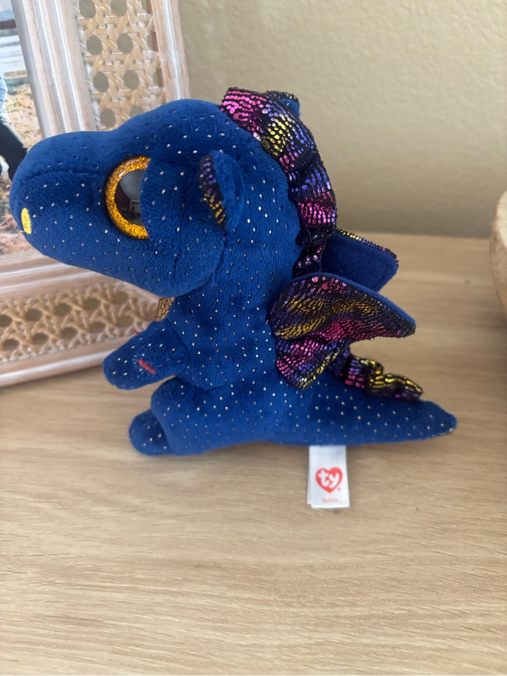 Ty Navy Blue Dragon Beanie Plush with Multicolor Iridescent Wings